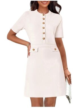Elegant Cream Dress Size Large Short Sleeve Button-Front A-Line Knit Dress